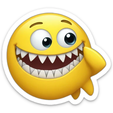 yellow emoji with crazy eyes and shark tooth smile and float hand coming towards viewer sticker