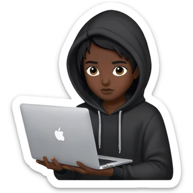 hackeur cheveux noir et capuche noiravec un macbook sticker