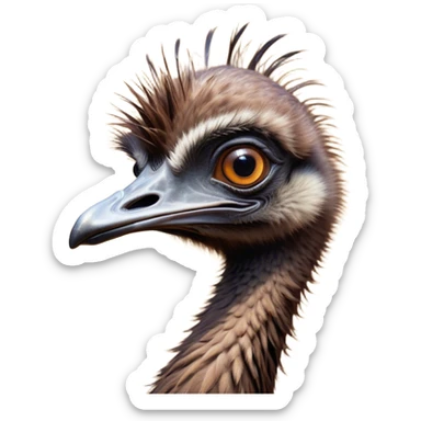Cinematic Comical Emu Portrait Emoji, Head tilted dramatically with an exaggeratedly amused expression, featuring a striking, textured brown plumage with a comically small head and wide, expressive eyes full of playful disbelief, Simplified yet hilariously expressive features, highly detailed, glowing with a slightly sassy glow, high shine, dramatic yet playful, stylized with an air of cheeky outback mischief, bright and endearing, soft glowing outline, capturing the essence of a spirited and over‐the‐top emu, so meme‐worthy it feels like it could squawk its way into internet fame instantly! sticker