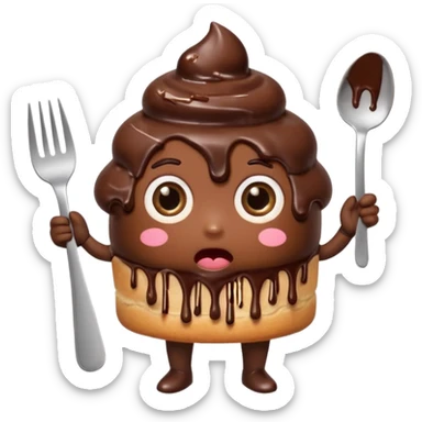 Funny cartoon chocolate mini pastry, holding tiny fork, wide shocked eyes, messy chocolate dripping, chibi style, Twitch emoji style, transparent background, colorful
 sticker