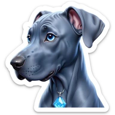 Cinematic Cute Blue Great Dane Portrait Emoji, Head tilted playfully and inquisitively, featuring a glossy blue Fur with a refined sheen, round, sparkling steel-blue eyes filled with curiosity, Simplified yet irresistibly adorable features, highly detailed, glowing with a warm, friendly glow, high shine, affectionate and gentle, stylized with a touch of whimsy, bright and endearing, soft glowing outline, capturing the essence of a mischievous yet loving pup, so playful it feels like it could lumber out of the screen and into your arms! sticker