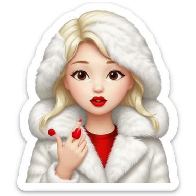 A beautiful, cute girl with red lipstick on her lips in a white fur coat,  in full view, blowing a kiss. sticker