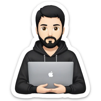 hackeur blanc cheveux noir barbe et capuche noir avec un macbook sticker