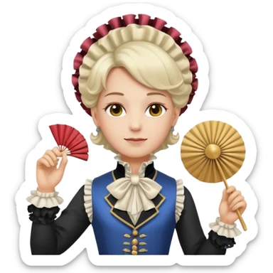 An emoji portrait of a French aristocrat. He wears a powdered wig and a silk waistcoat with a ruffled jabot. His expression is poised and refined, and he holds a fan. sticker
