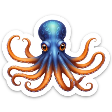 Cinematic Realistic Noble Octopus Portrait Emoji, Poised and majestic, with a sinuous, flowing body in vivid orange accented by intricately detailed blue rings, and intelligent, penetrating eyes that reflect ancient ocean lore; rendered with lifelike texture and natural iridescence, high shine, intelligent and formidable, styled with an aura of mystical marine power, focused and attentive, soft glowing outline, capturing the essence of a watchful and confident octopus that appears ready to glide out of the screen with timeless authority! sticker
