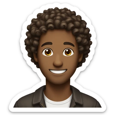 a guy with curly hair and brown eyes that smiles taking the thongue out sticker