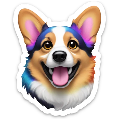 Tri-colored corgi with black near temples in the style of Lisa Frank sticker
