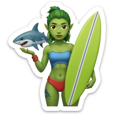 orc female holds a little surfboard with a shark painted vertically in his hands sticker