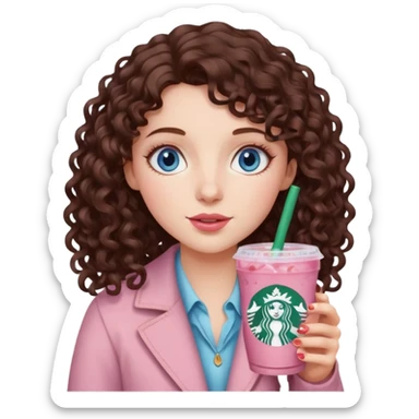 make an emoji of a loose curly brunette, blue-eye girl, wearing light pink drinking a strawberry acai refresher from starbucks sticker
