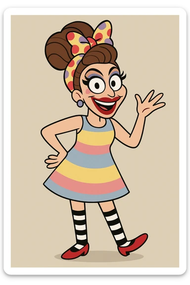 Bianca Del Rio red and purple spots hair ribbon yellow pink blue and Stripes dress black and white stripes socks red shoes  sticker