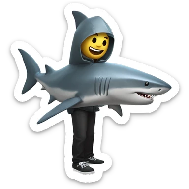 roblox character who is grey with the man face wearing a shark costume that is eating the upper part of his body, the costume has a hole in the sharks tail for the mans face sticker