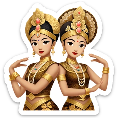 ​Cinematic Realistic Traditional Javanese Dancers, depicted as two graceful dancers in ornate traditional costumes with intricate batik patterns and elaborate headpieces, captured in dynamic poses during a ritual dance in an ancient temple courtyard, rendered with soft golden lighting and rich cultural textures, sticker
