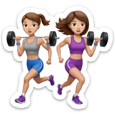 two women. only one is running. the other is only lifting weights. brown hair, light skin, hazel eyes. sticker