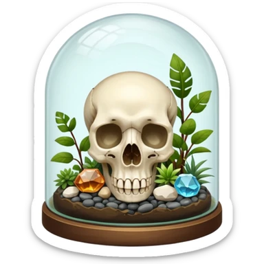 A terrarium glass dome with an animal skull inside, shiny pebbles and crystal inside. And plants inside  sticker