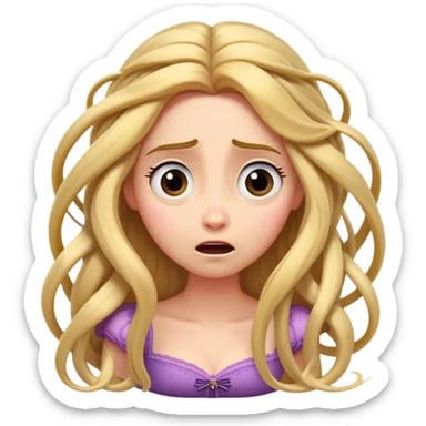 Cinematic Funny Rapunzel Portrait Emoji, Looking exhausted while tangled in her own hair, a dramatic sigh, eyes rolling with humorous exasperation, a hilariously relatable moment for the long-haired princess! sticker