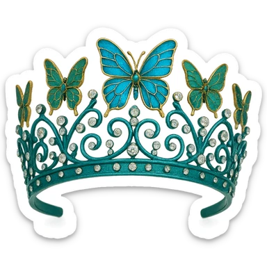 butterfly crown with a teal base, butterflies in blue and green enamel, sparkling gems, transparent background sticker