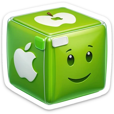large cube-shaped box wrapped in bright green plastic with white labels, apple style emoji, inspired by reference photo sticker