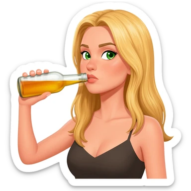 She looked like a top model, with long blonde hair and green eyes. She is being drunk by holding a bottle and rude sticker