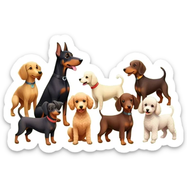 Collage of dogs breeds like Doberman, Poodle, Dachshund, in a park with trees and grass. A joyful, colorful scene with playful expressions. Transparent background. sticker