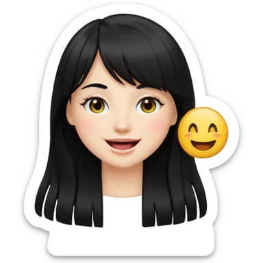 pretty white girl with long black hair and thick bangs, winking face, emoji style sticker