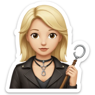 Dominatrix with blonde hair, key necklace, and a whip sticker