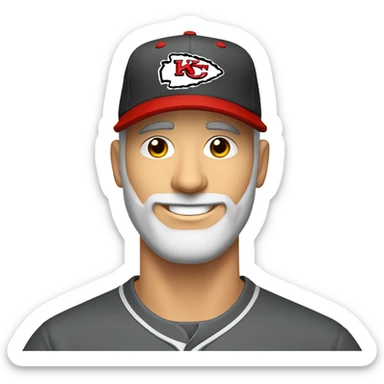 smiling white man with gray beard in baseball cap with kc chiefs logo sticker