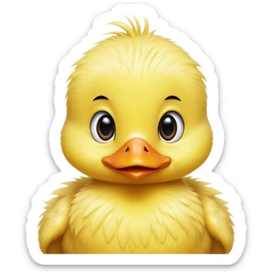 Cinematic Comical Yellow Baby Duck Portrait Emoji, Head tilted dramatically with an exaggeratedly amused expression, featuring a striking, fluffy yellow downy coat with a tiny quirky beak, wide, expressive eyes filled with playful disbelief, Simplified yet hilariously expressive features, highly detailed, glowing with a slightly sassy glow, high shine, dramatic yet playful, stylized with an air of cheeky mischief, bright and endearing, soft glowing outline, capturing the essence of a spirited and over-the-top duckling, so meme-worthy it feels like it could peep its way into internet fame instantly! sticker