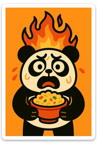a distressed panda on fire clutching a bowl of food in a bold illustration style sticker