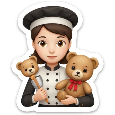 girl kid italian chef, uniform, holding plush bear sticker