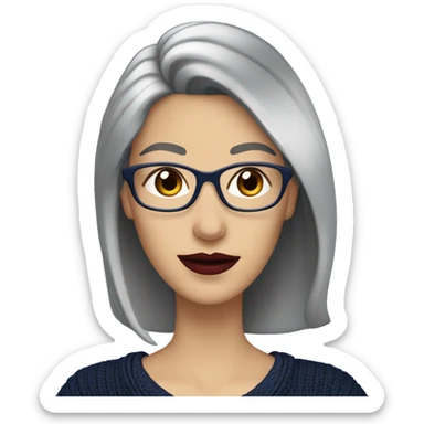 Attractive Caucasian woman with long straight grey hair worn over one shoulder,  wearing wire frame glasses, dark red lipstick, and a navy blue sweater, she has  with a slightly upturned nose sticker