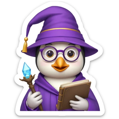 cute penguin wizard holding an open spellbook, wearing glasses and a purple hat, emoji style sticker