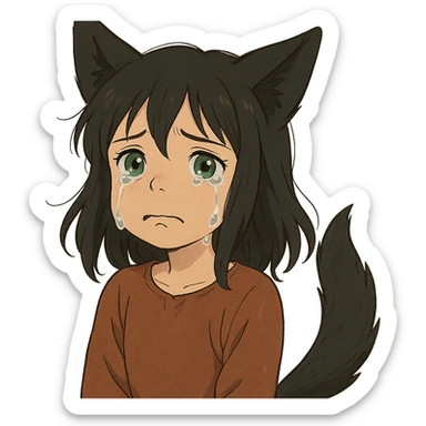 A girl with tears, black fox ears, and a tail, green eyes, dark hair sticker