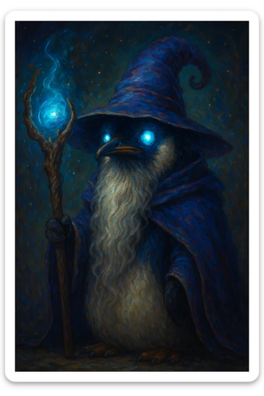 fantasy illustration of a penguin wizard with a long beard, mystical staff, and glowing eyes sticker