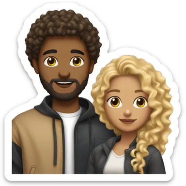 light brown skin girl with long curly brown and blonde curly hair and her boyfriend with black beard and light skin sticker