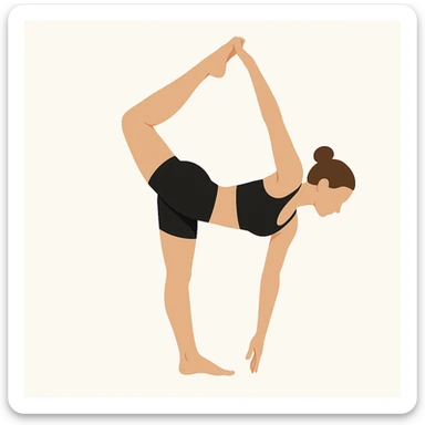 Minimalist flat vector illustration of a woman doing yoga in forward fold pose (Standing Bow Pulling), wearing sportswear (black top and black shorts), brown hair in a bun, clean white background, no face details, elegant style sticker