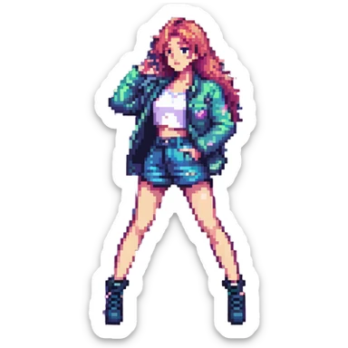 K-pop idol inspired by Blackpink, dynamic pose, stage lights, trendy outfit, pixel art style sticker