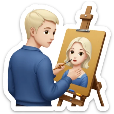 the white artist stands with his back to the painting, painting a portrait sticker