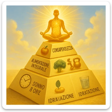 Golden layered pyramid representing health hierarchy: Base layer with icons for 8 hours sleep and hydration, middle layer with whole foods and functional training, top layer with mindfulness and social connection. At the top, a radiant figure meditating, body depicted as a glowing map of neurotransmitters and healthy gut flora. Include Italian text labels for each layer and concept. Hyperrealistic style, bright and positive atmosphere. sticker