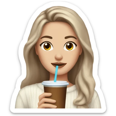 Beautiful white woman mom, long brown hair, brown eyes, cozy holding an iced coffee, white sweater sticker
