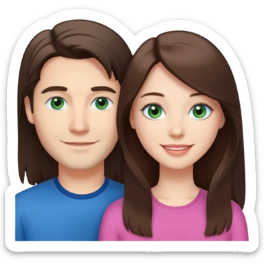 “A pink Polaroid-style photo of a couple: a white woman with long brunette hair and blue eyes, and a white man with short brunette hair and green eyes.” sticker