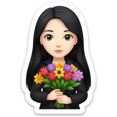beautiful girl with long black hair wearing a black coat holding a bouquet of flowers sticker