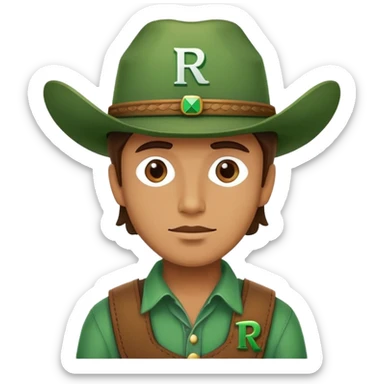 Cowboy wearing a green hat with letter R sticker