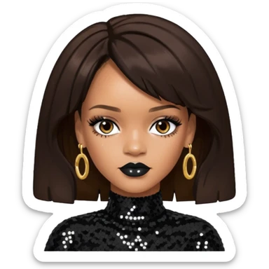 Rihanna with dark brown hair, black sequin outfit  sticker