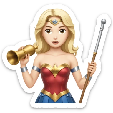 Blonde Wonder Woman holding white orchestra conductor’s baton and bell sticker