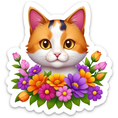 A cute cat holding a lot of flowers sticker