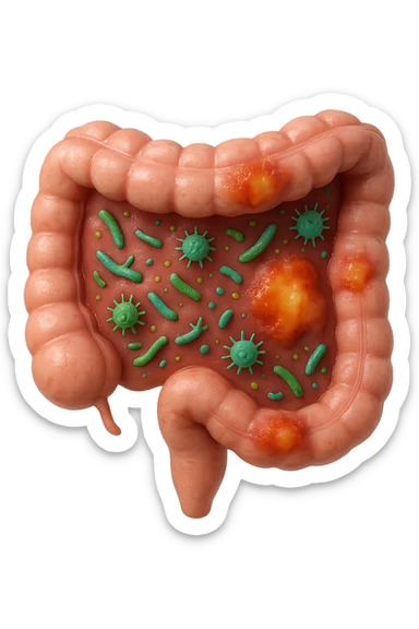 emoji stile iphone in 3d di intestino realistico con infezione e batteri dentro, iperrealistico 4k sticker