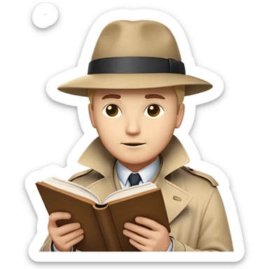 A detective emoji, wearing a classic trench coat and hat, intently reading a person human book. Above their head, a glowing lightbulb represents a sudden realization—symbolizing research, curiosity, and critical thinking. The book’s cover subtly features the silhouette of a person  sticker