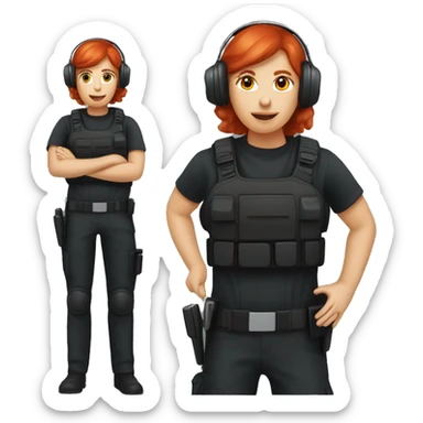 operator dressed in black with a milatary helmet, without glasses, wearing a headset, ready to respond to alerts, preferably red-haired female  sticker