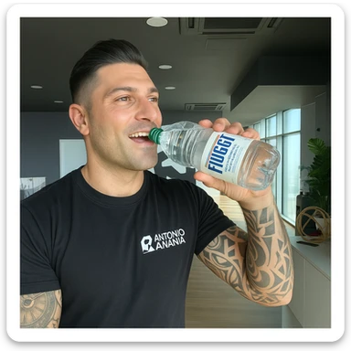 Realistic man drinking a bottle of Fiuggi water, inspired by the provided photo. The bottle must be clearly recognizable as Fiuggi water. Positive atmosphere, realistic style. sticker