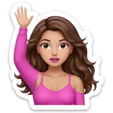 girl with long wavy brown hair, brown eyes, long lashes makeup, sexy pink lips, light to medium complexion, wearing a pink sexy top, both hands in the air high sticker